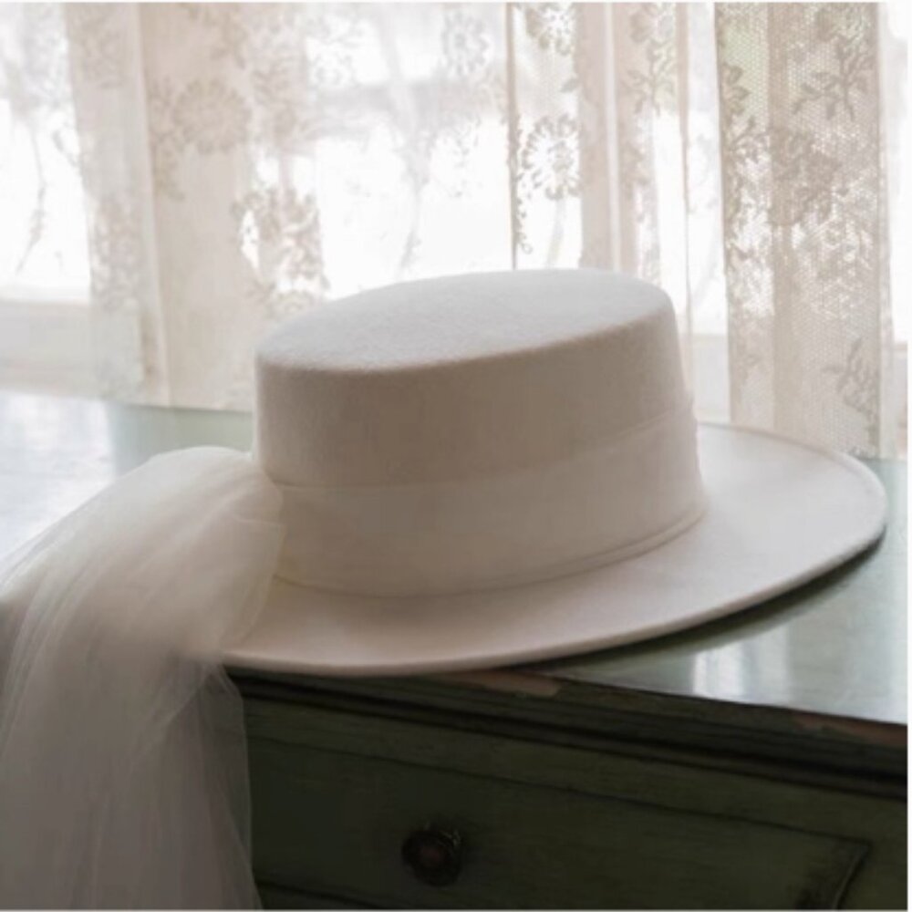 White Veiled Boater Hat - Women's Formal Hat - Picture 4 of 7